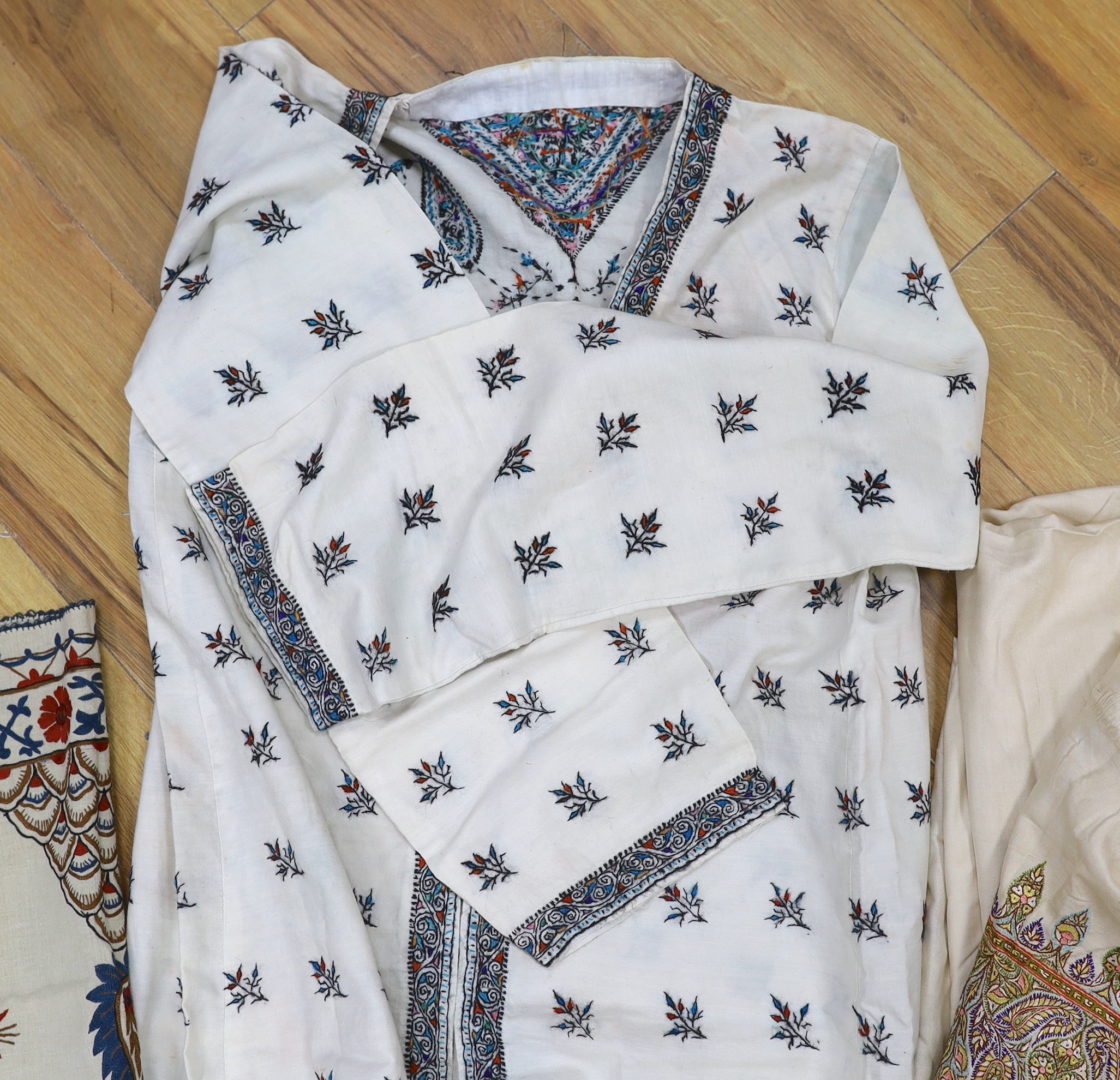 An Indian embroidered sari, similar robe Suzani style embroidered coat